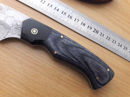 Handmade DAMASCUS Steel Knife, Bull horn and Wooden handle scales. NEW DESIGN !!!!!