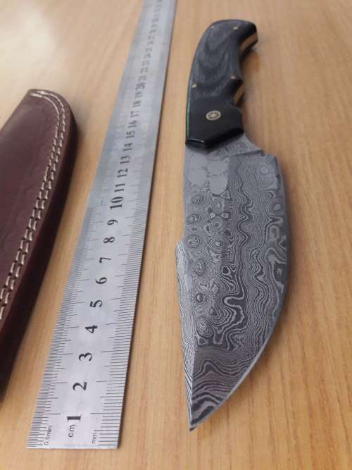 Handmade DAMASCUS Steel Knife, Bull horn and Wooden handle scales. NEW DESIGN !!!!!