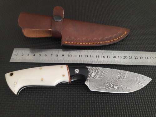 Handmade DAMASCUS Steel Hunting Knife, Bull horn and Camel Bone handle scales. NEW DESIGN !!!!!