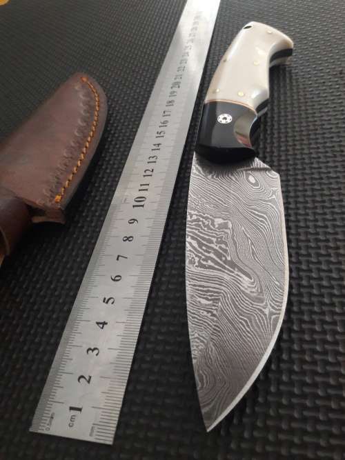 Handmade DAMASCUS Steel Hunting Knife, Bull horn and Camel Bone handle scales. NEW DESIGN !!!!!