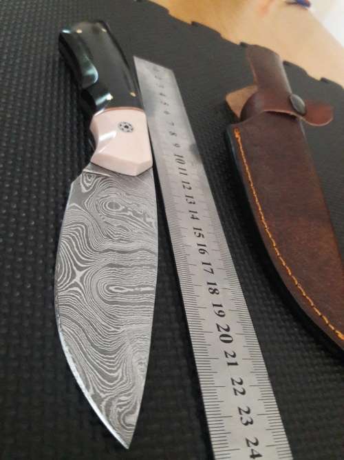 Handmade DAMASCUS Steel Hunting Knife, Bull horn and Camel Bone handle scales. NEW DESIGN !!!!!