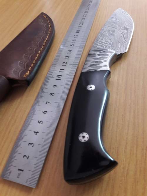 Handmade DAMASCUS Steel Hunting Knife,   BULL HORN handle scales and Steel bolster, NEW DESIGN !!!!!