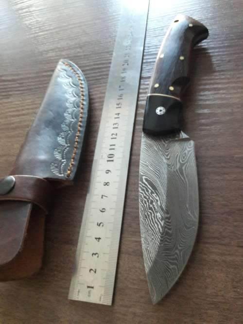 Handmade DAMASCUS Steel Hunting Knife with BULL HORN & Wooden handle scales. NEW DESIGN !!!!!