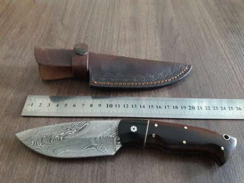 Handmade DAMASCUS Steel Hunting Knife with BULL HORN & Wooden handle scales. NEW DESIGN !!!!!