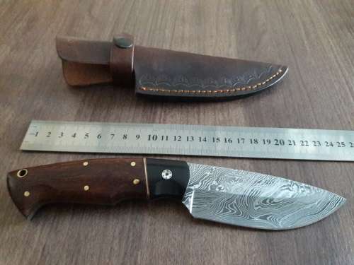 Handmade DAMASCUS Steel Hunting Knife with BULL HORN & Wooden handle scales. NEW DESIGN !!!!!