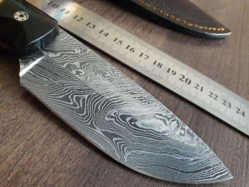 Handmade DAMASCUS Steel Hunting Knife with BULL HORN & Wooden handle scales. NEW DESIGN !!!!!