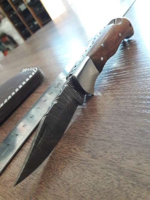 Handmade Damascus steel folding knife with WOODEN handle scales.