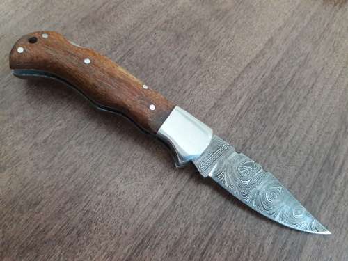 Handmade Damascus steel folding knife with WOODEN handle scales.