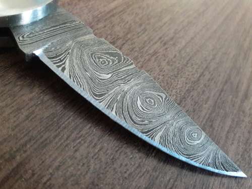 Handmade Damascus steel folding knife with WOODEN handle scales.