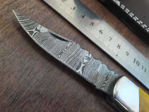 Handmade Damascus steel folding knife with CAMEL BONE handle scales.