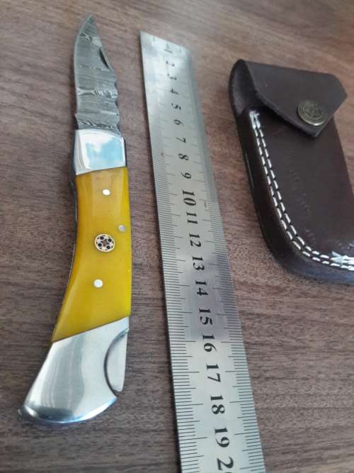 Handmade Damascus steel folding knife with CAMEL BONE handle scales.