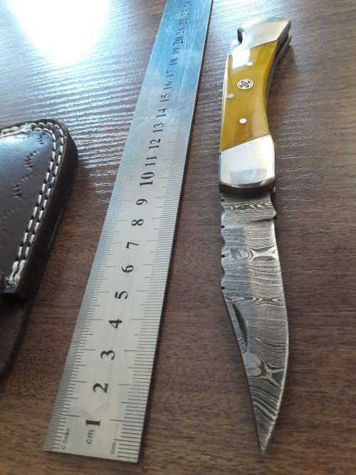 Handmade Damascus steel folding knife with CAMEL BONE handle scales.
