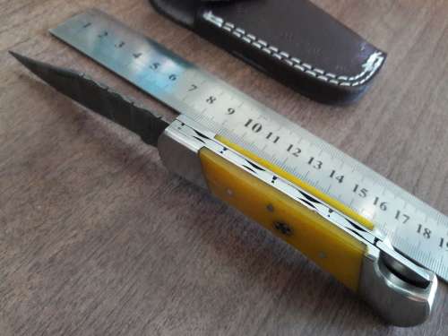 Handmade Damascus steel folding knife with CAMEL BONE handle scales.