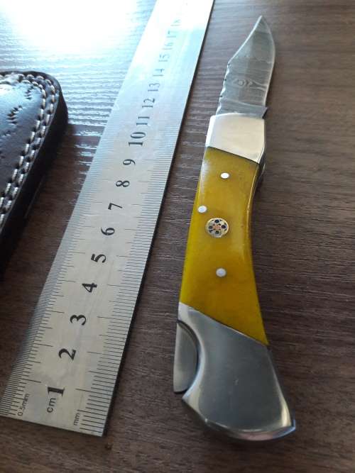 Handmade Damascus steel folding knife with CAMEL BONE handle scales.