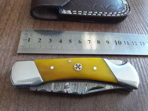 Handmade Damascus steel folding knife with CAMEL BONE handle scales.