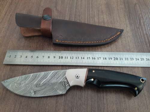 Handmade DAMASCUS Steel Hunting Knife, FULL TANG, Bull horn and Camel Bone handle scales.