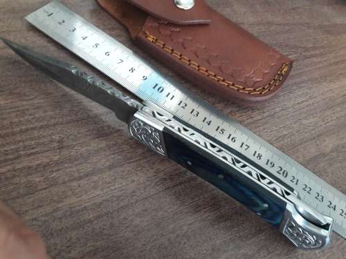 Handmade Damascus steel folding knife with Wooden handle scales. BIG SIZE.