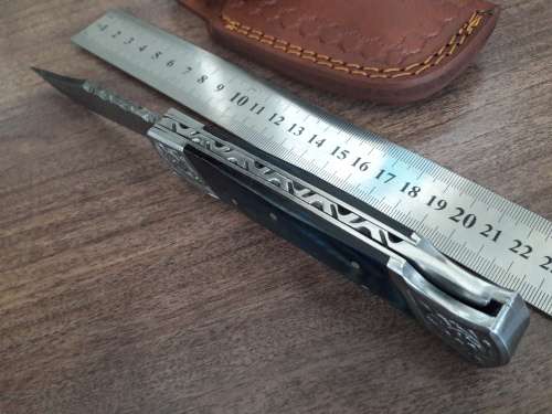 Handmade Damascus steel folding knife with Wooden handle scales. BIG SIZE.