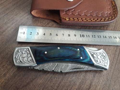 Handmade Damascus steel folding knife with Wooden handle scales. BIG SIZE.