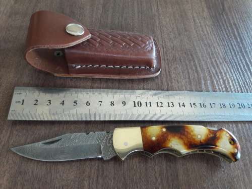 Handmade Damascus steel folding knife with Burnt Camel Bone handle scales.