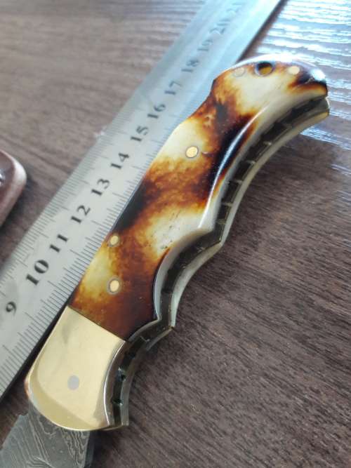 Handmade Damascus steel folding knife with Burnt Camel Bone handle scales.
