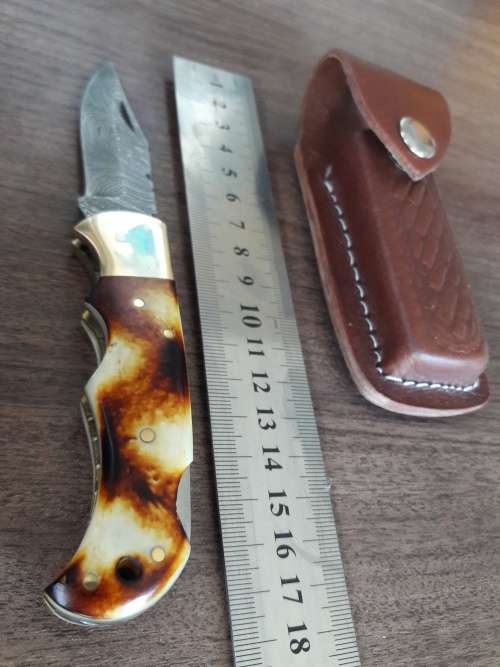 Handmade Damascus steel folding knife with Burnt Camel Bone handle scales.