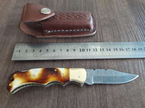 Handmade Damascus steel folding knife with Burnt Camel Bone handle scales.
