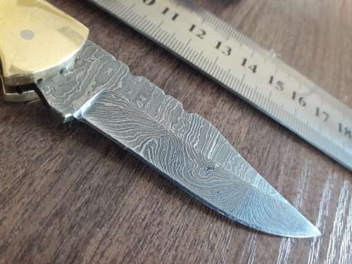 Handmade Damascus steel folding knife with Burnt Camel Bone handle scales.