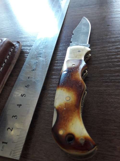 Handmade Damascus steel folding knife with Burnt Camel Bone handle scales.