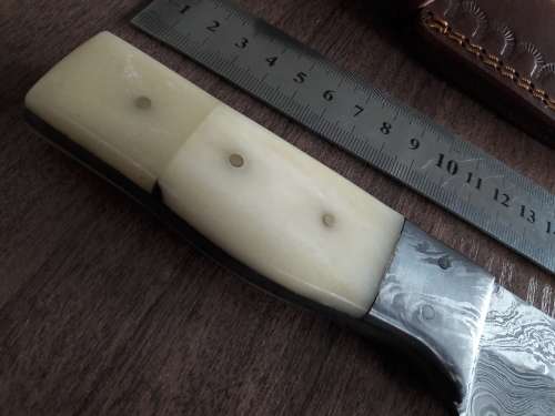 Handmade DAMASCUS Steel Hunting Knife, FULL TANG, Bull  Camel Bone handle w Damascus steel bolster