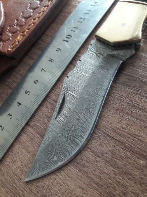 Handmade Damascus steel folding knife with Camel Bone and Bull Horn handle scales. Big Size !!