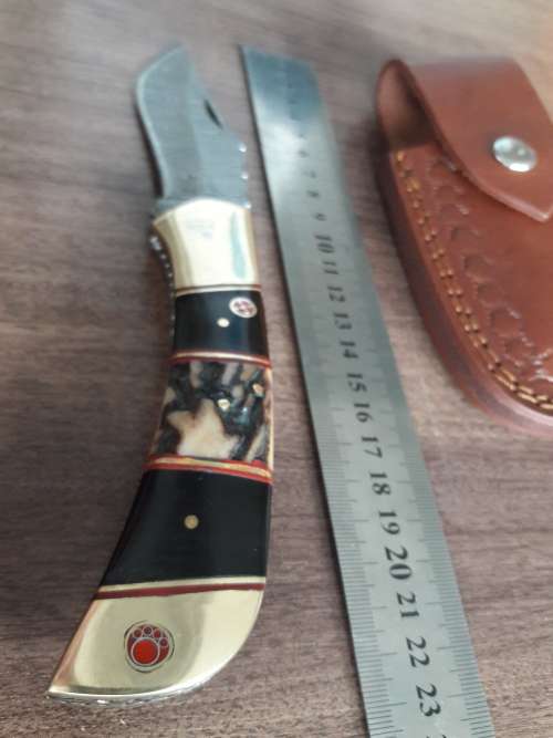 Handmade Damascus steel folding knife with Camel Bone and Bull Horn handle scales. Big Size !!