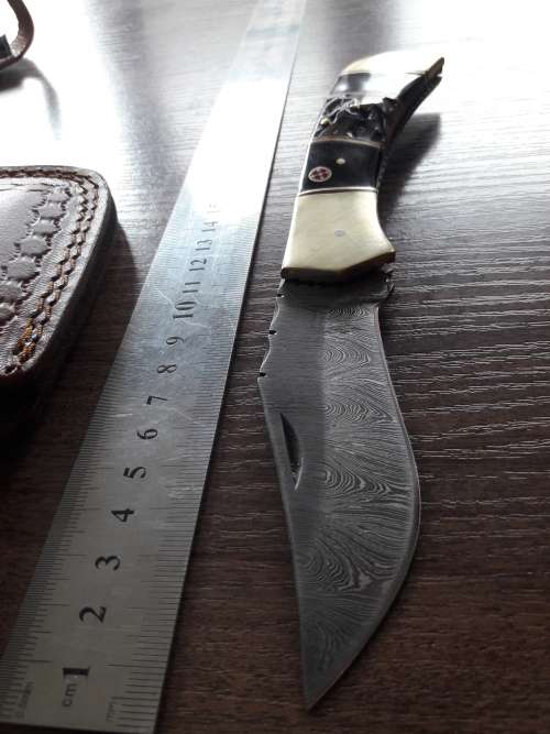 Handmade Damascus steel folding knife with Camel Bone and Bull Horn handle scales. Big Size !!
