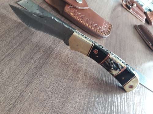 Handmade Damascus steel folding knife with Camel Bone and Bull Horn handle scales. Big Size !!