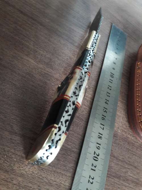 Handmade Damascus steel folding knife with Camel Bone and Bull Horn handle scales. Big Size !!
