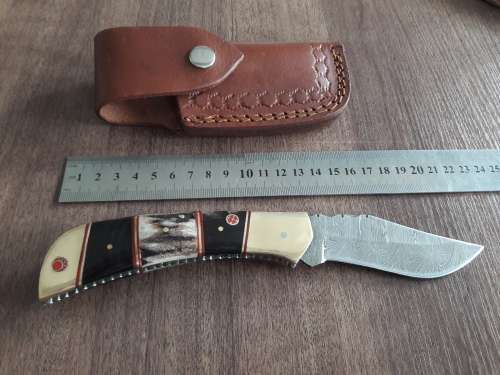 Handmade Damascus steel folding knife with Camel Bone and Bull Horn handle scales. Big Size !!