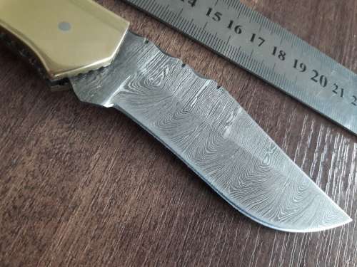 Handmade Damascus steel folding knife with Camel Bone and Bull Horn handle scales. Big Size !!