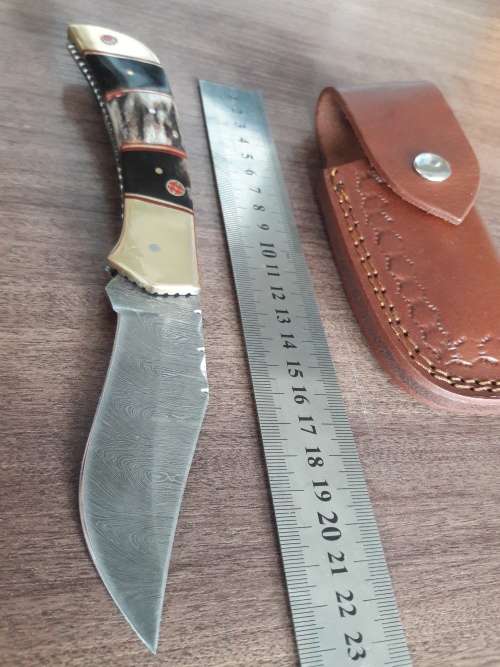 Handmade Damascus steel folding knife with Camel Bone and Bull Horn handle scales. Big Size !!