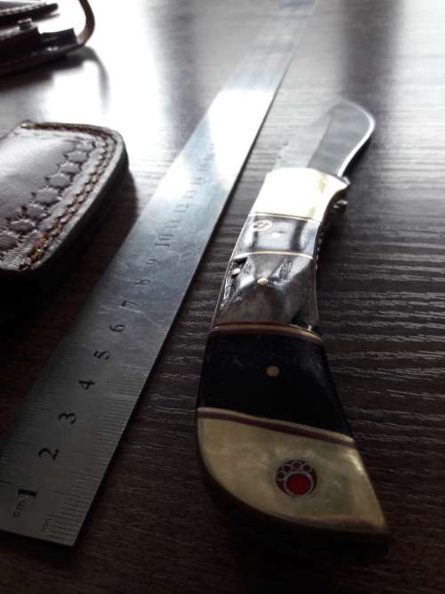 Handmade Damascus steel folding knife with Camel Bone and Bull Horn handle scales. Big Size !!
