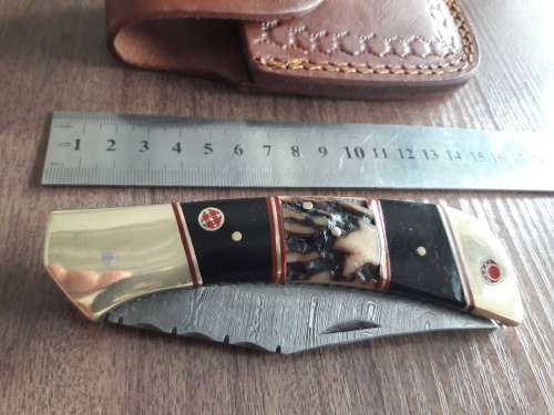 Handmade Damascus steel folding knife with Camel Bone and Bull Horn handle scales. Big Size !!
