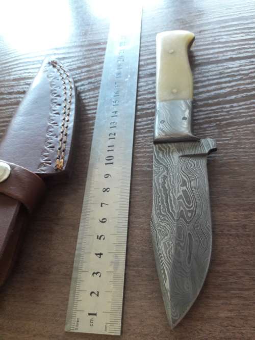 Handmade DAMASCUS Steel Hunting Knife, FULL TANG, Bull  Camel Bone handle w Damascus steel bolster