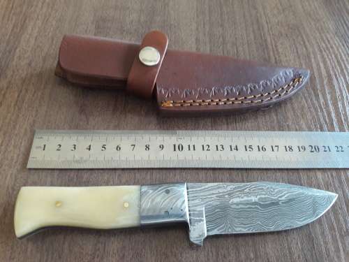 Handmade DAMASCUS Steel Hunting Knife, FULL TANG, Bull  Camel Bone handle w Damascus steel bolster