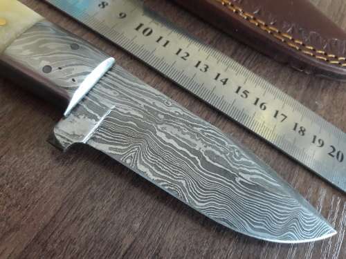 Handmade DAMASCUS Steel Hunting Knife, FULL TANG, Bull  Camel Bone handle w Damascus steel bolster
