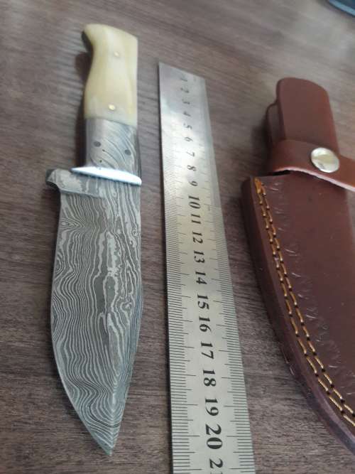 Handmade DAMASCUS Steel Hunting Knife, FULL TANG, Bull  Camel Bone handle w Damascus steel bolster