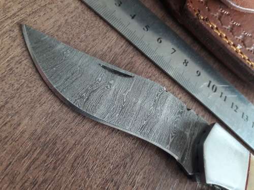 Handmade Damascus steel folding knife with Camel Bone and Bull Horn handle scales. Big Size !!