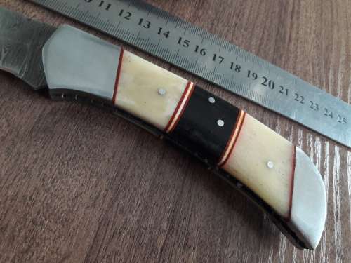 Handmade Damascus steel folding knife with Camel Bone and Bull Horn handle scales. Big Size !!