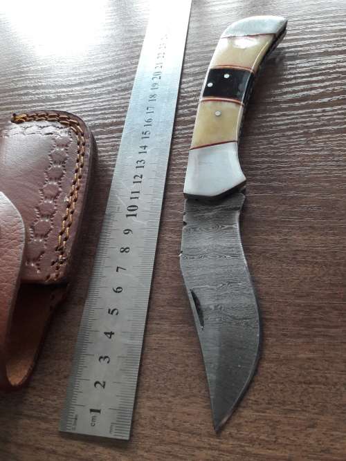 Handmade Damascus steel folding knife with Camel Bone and Bull Horn handle scales. Big Size !!