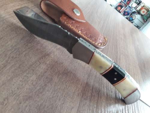 Handmade Damascus steel folding knife with Camel Bone and Bull Horn handle scales. Big Size !!