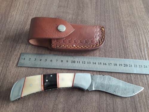Handmade Damascus steel folding knife with Camel Bone and Bull Horn handle scales. Big Size !!