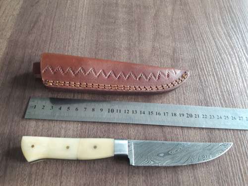 Handmade DAMASCUS Steel Hunting Knife, FULL TANG, Bull  Camel Bone handle scales.